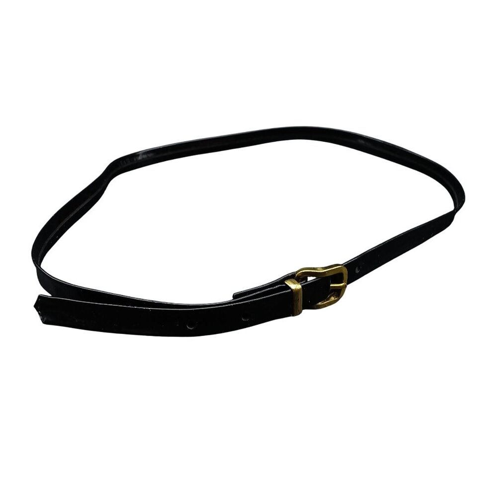 Vintage Black Patent Leather Skinny Belt with Gold-Tone Buckle